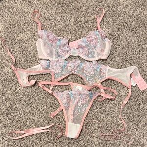 Delicate Pink Floral Embroidered Lingerie Set
